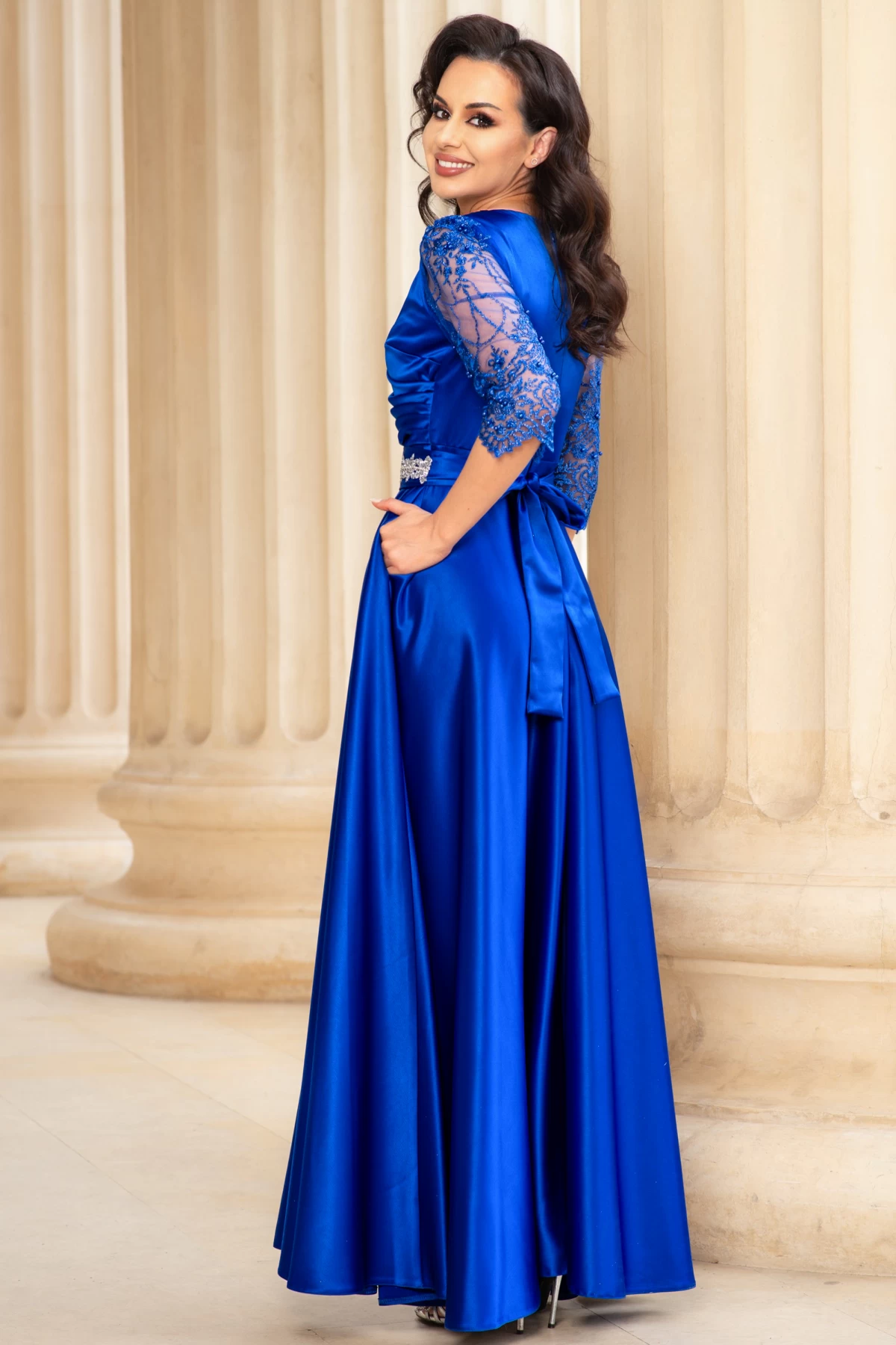 Rochie de seara lunga Giorgia albastru royal din tafta cu maneci brodate - poza 2