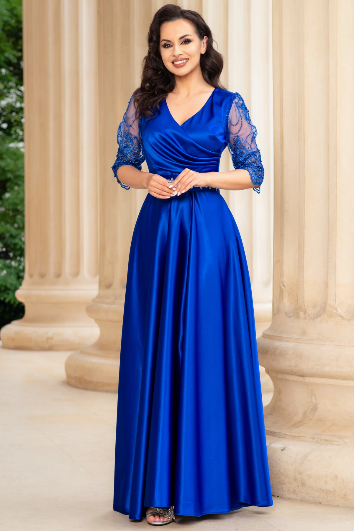 Rochie de seara lunga Giorgia albastru royal din tafta cu maneci brodate - poza 3