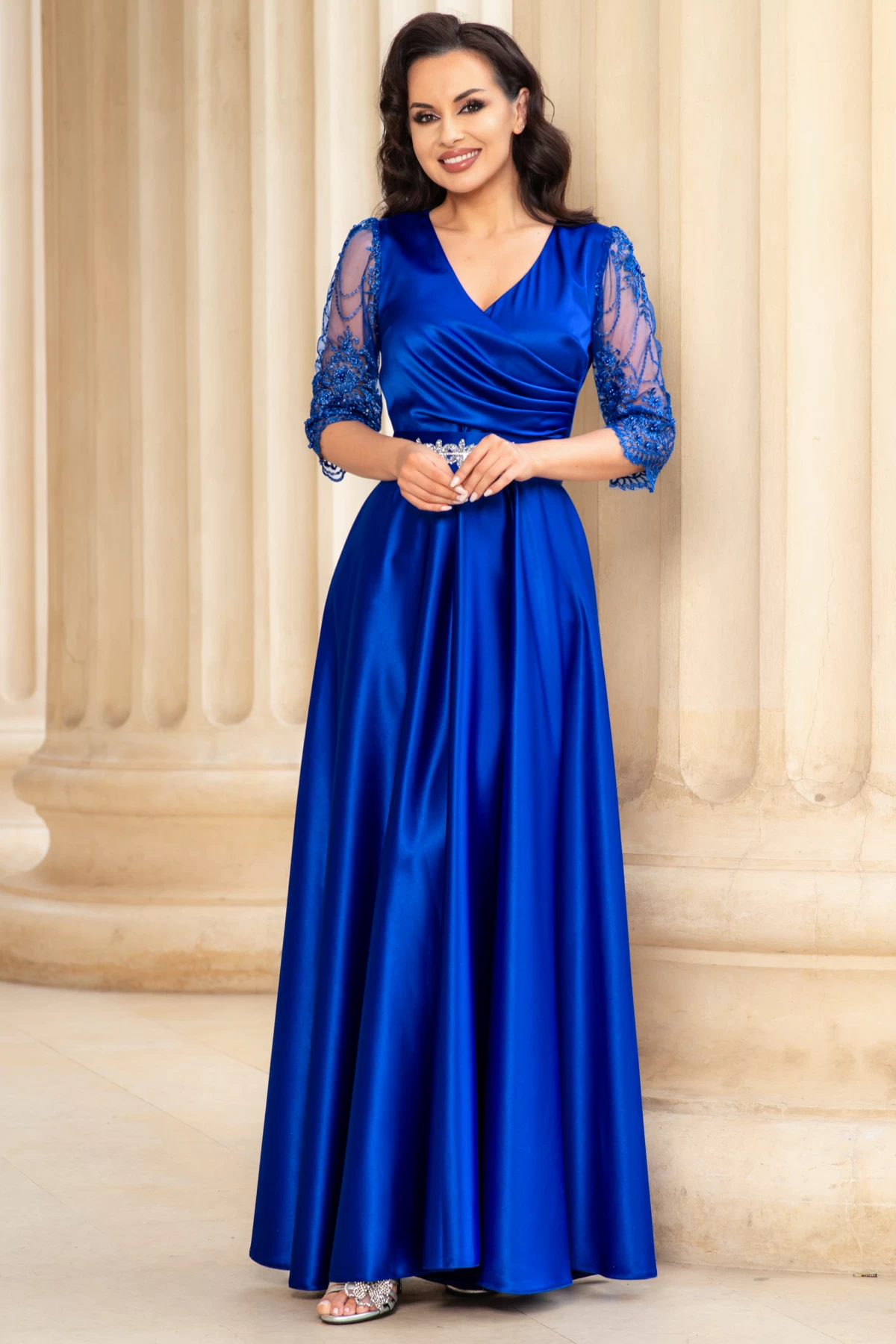 Rochie de seara lunga Giorgia albastru royal din tafta cu maneci brodate - poza 5