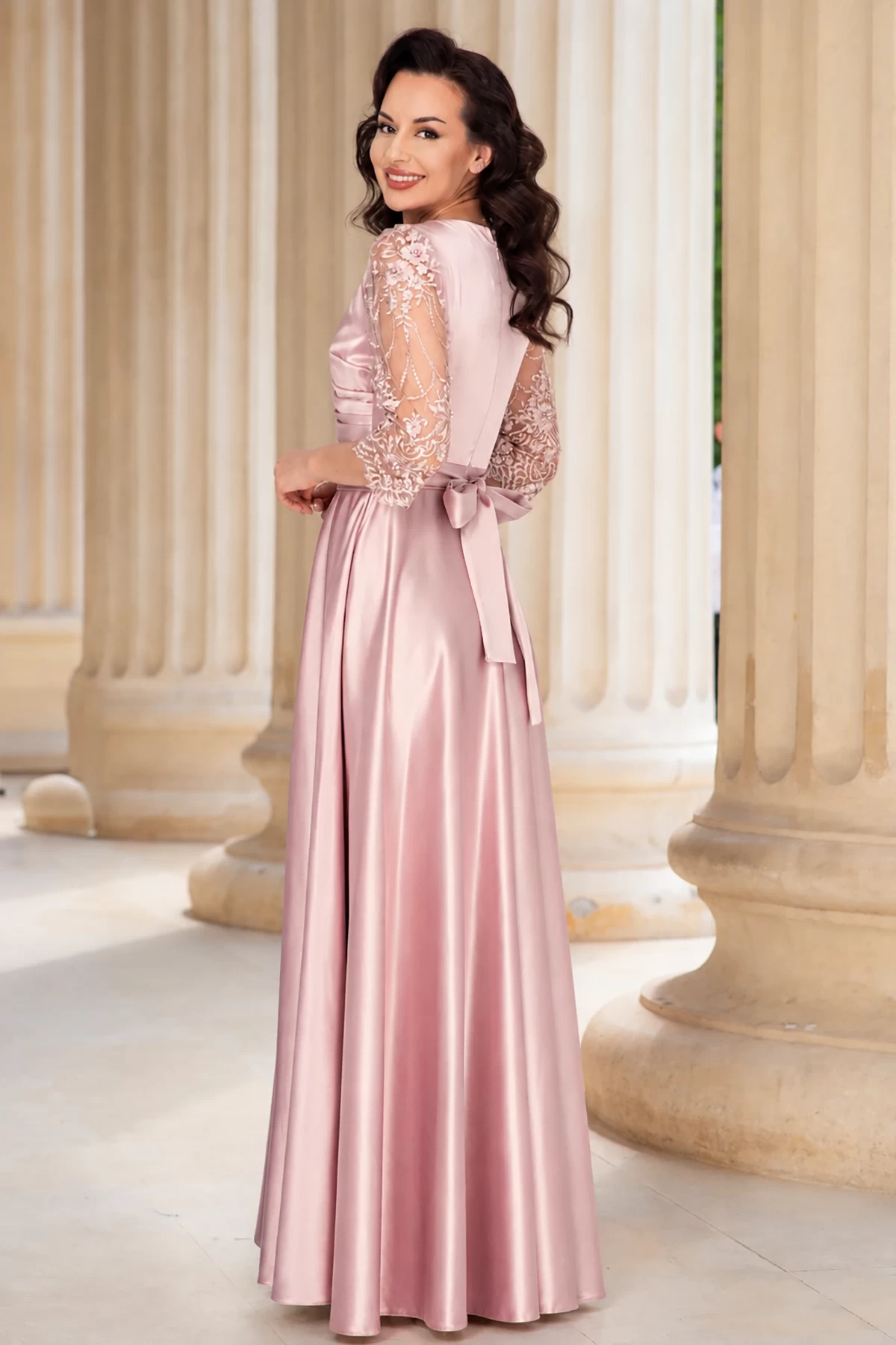 Rochie de seara lunga Giorgia roz din tafta cu maneci brodate - poza 2