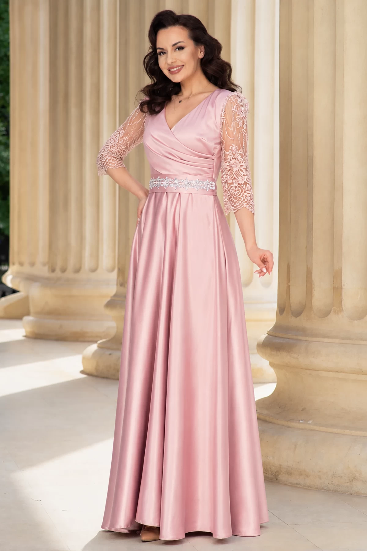 Rochie de seara lunga Giorgia roz din tafta cu maneci brodate - poza 3