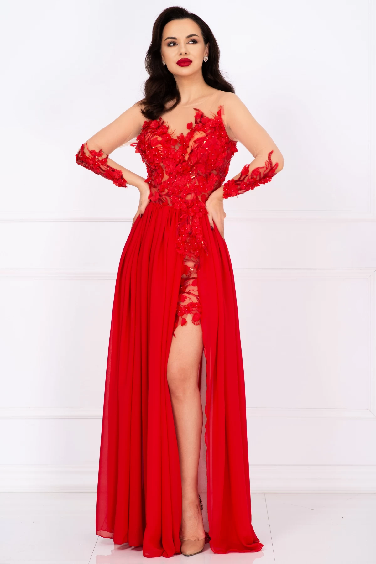 Rochie de seara lunga rosie Mikaela decorata cu flori 3D