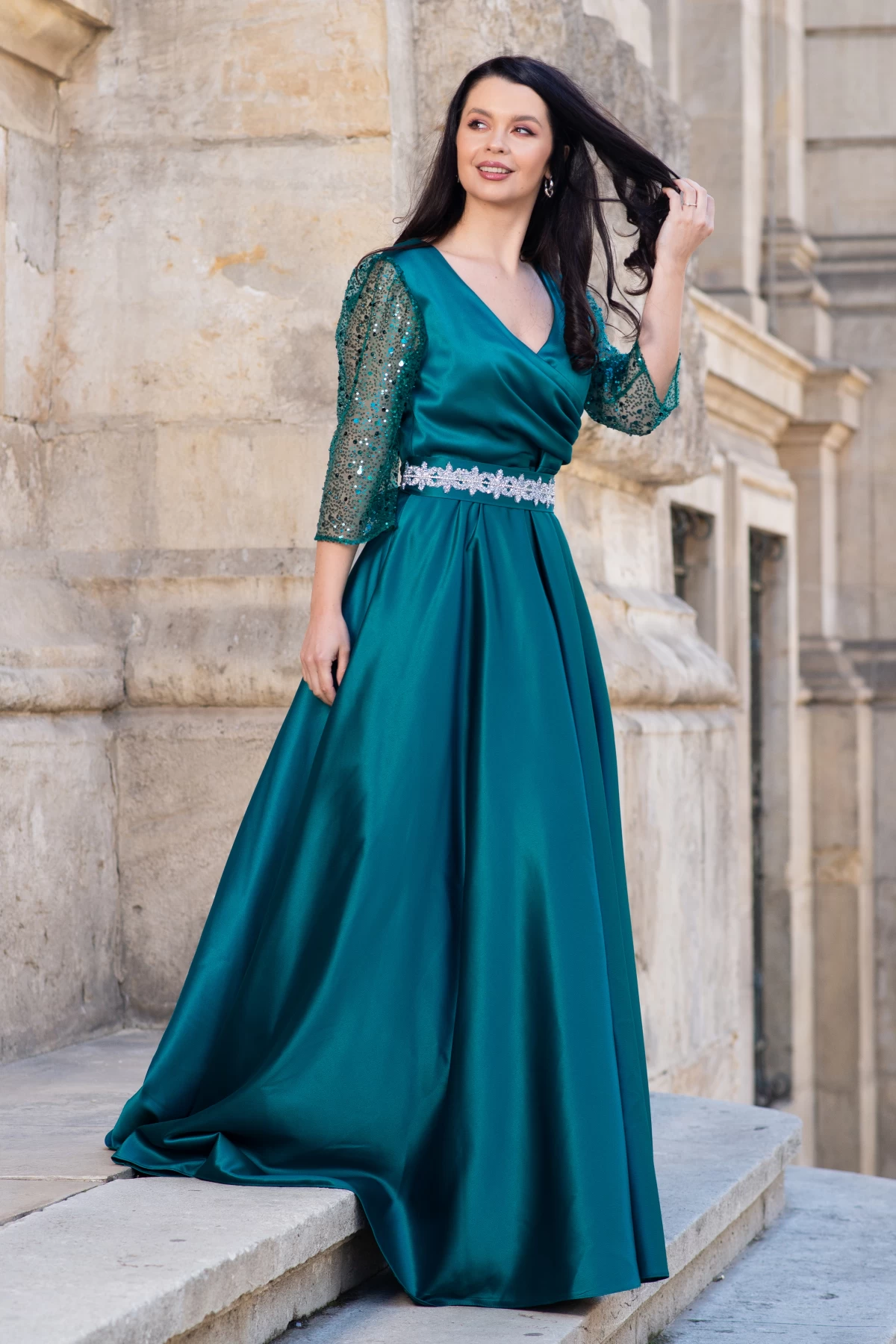 Rochie de seara verde Giorgia lunga din tafta cu maneci paietate - poza 1