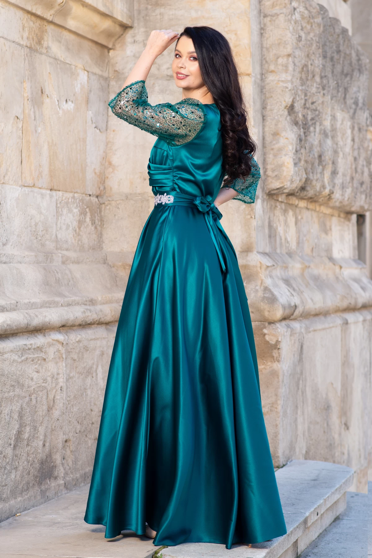 Rochie de seara verde Giorgia lunga din tafta cu maneci paietate - poza 2