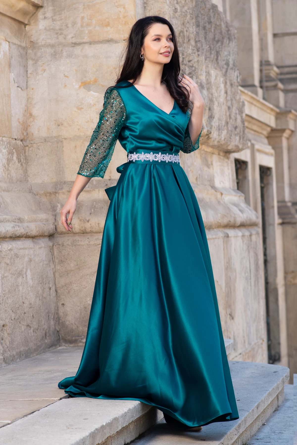Rochie de seara verde Giorgia lunga din tafta cu maneci paietate - poza 3