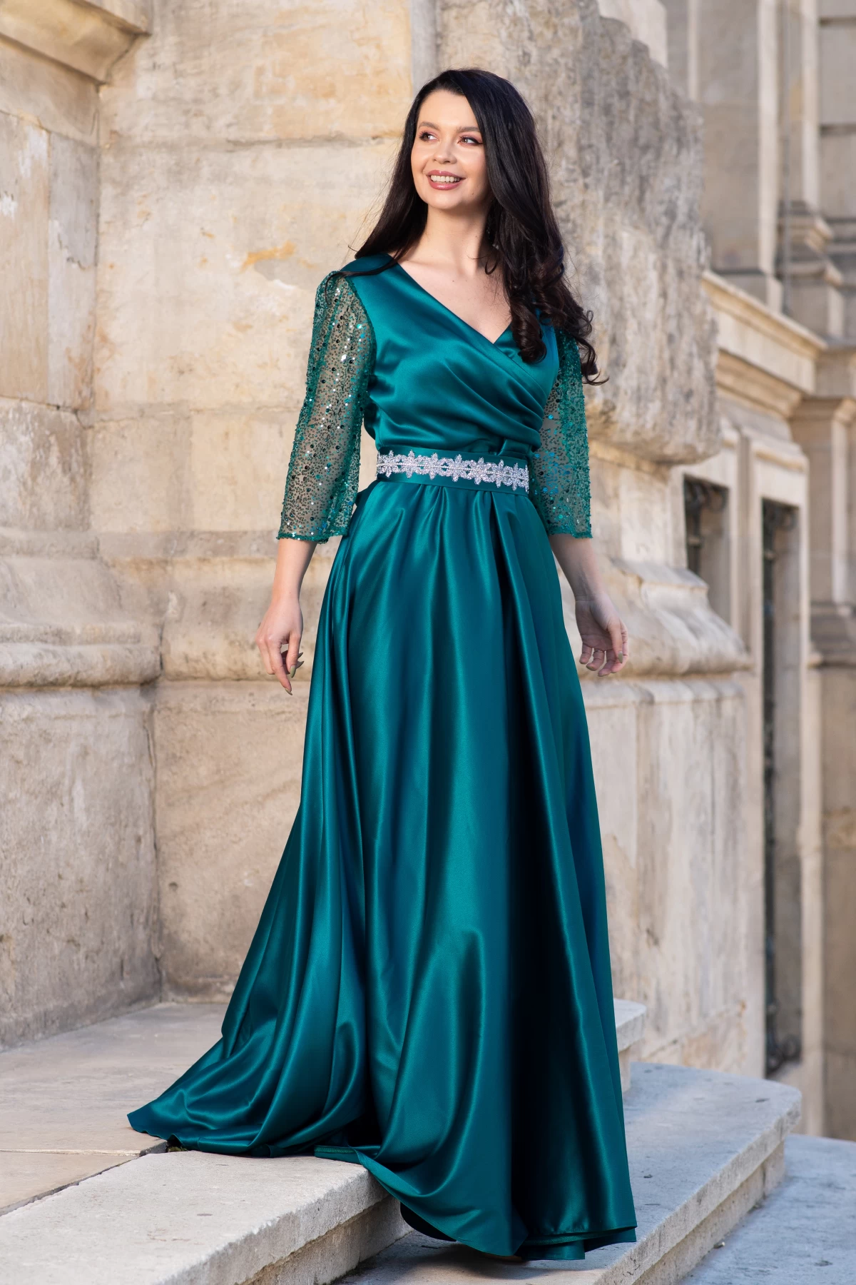 Rochie de seara verde Giorgia lunga din tafta cu maneci paietate - poza 4