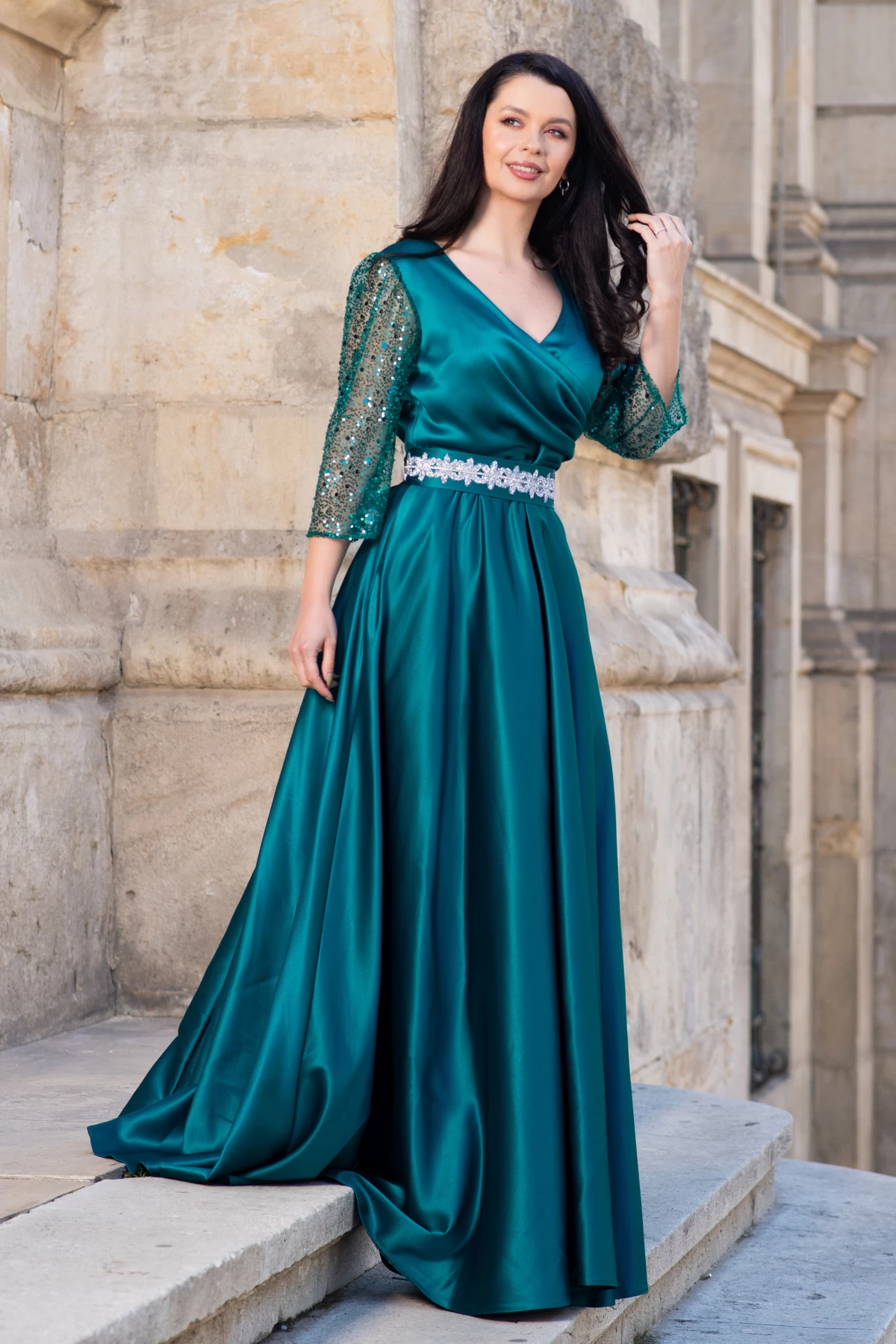 Rochie de seara verde Giorgia lunga din tafta cu maneci paietate - poza 5