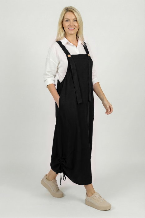 Rochie de vara tip sarafan lung cu bretele si snur reglabil, amestec de in cu vascoza neagra