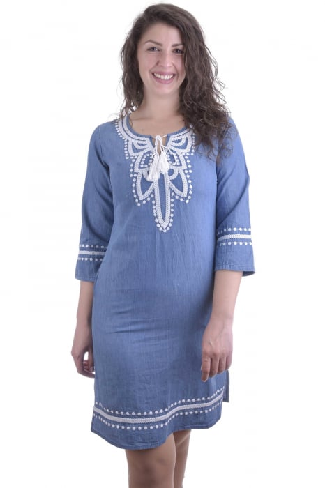 Rochie denim albastra cu motiv floral alb Claudia