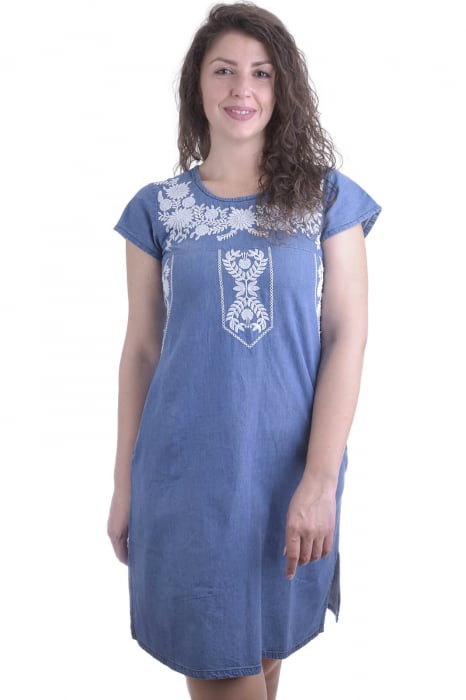Rochie denim albastra cu motiv floral alb Luiza