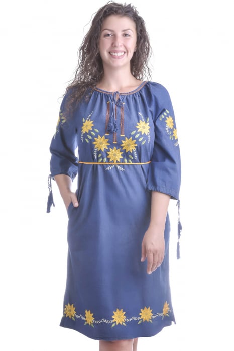 Rochie denim albastra cu motiv floral galben Flavia
