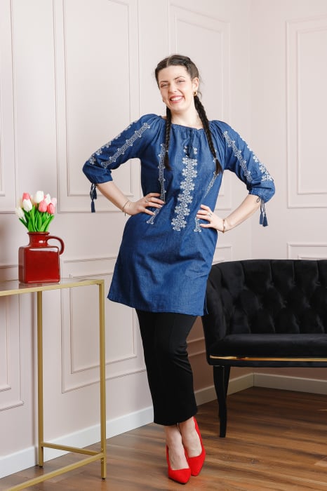 Rochie denim albastra cu motiv geometric alb Astrid
