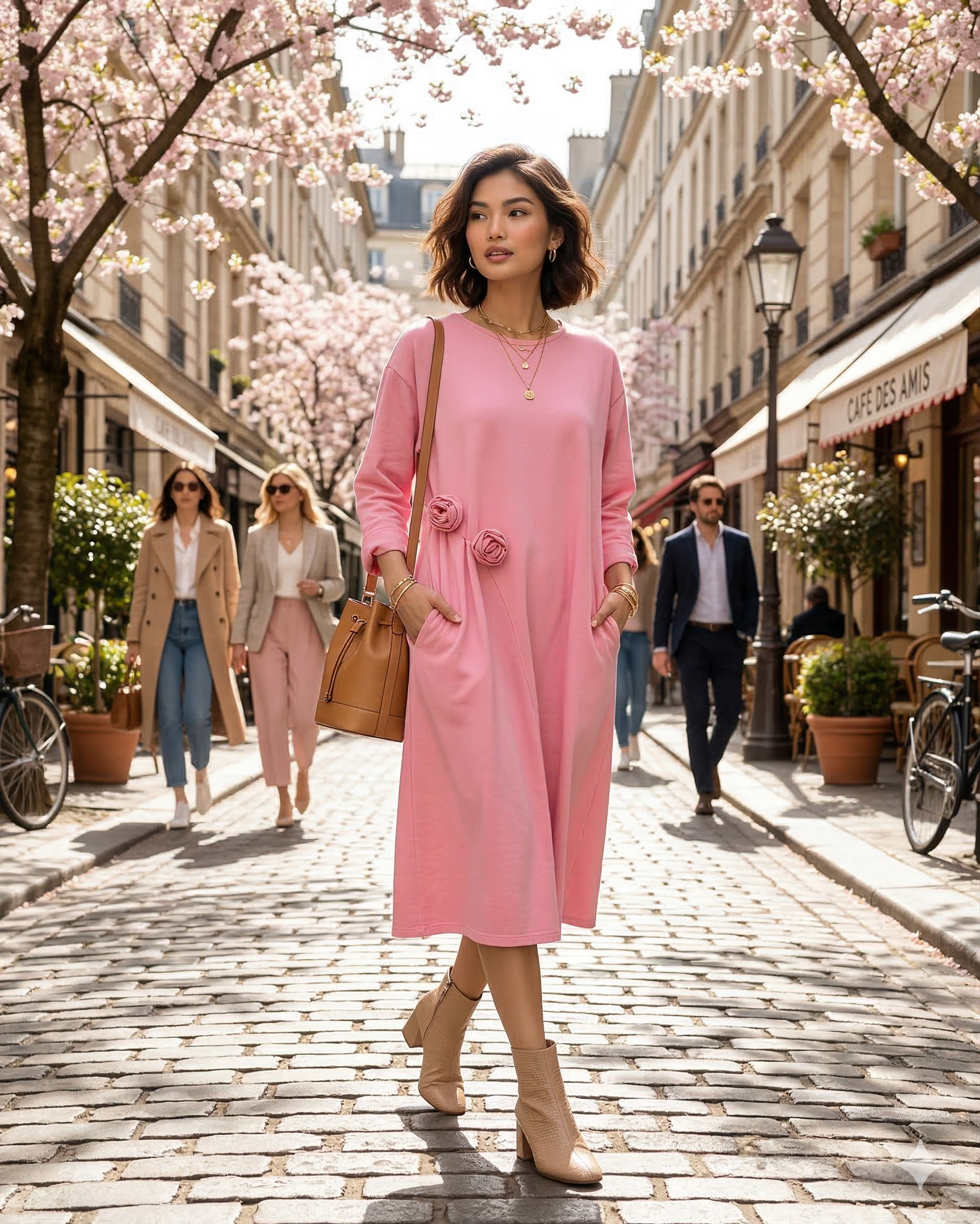 Rochie din bumbac cu flori aplicate și buzunare roz - Unica S-L