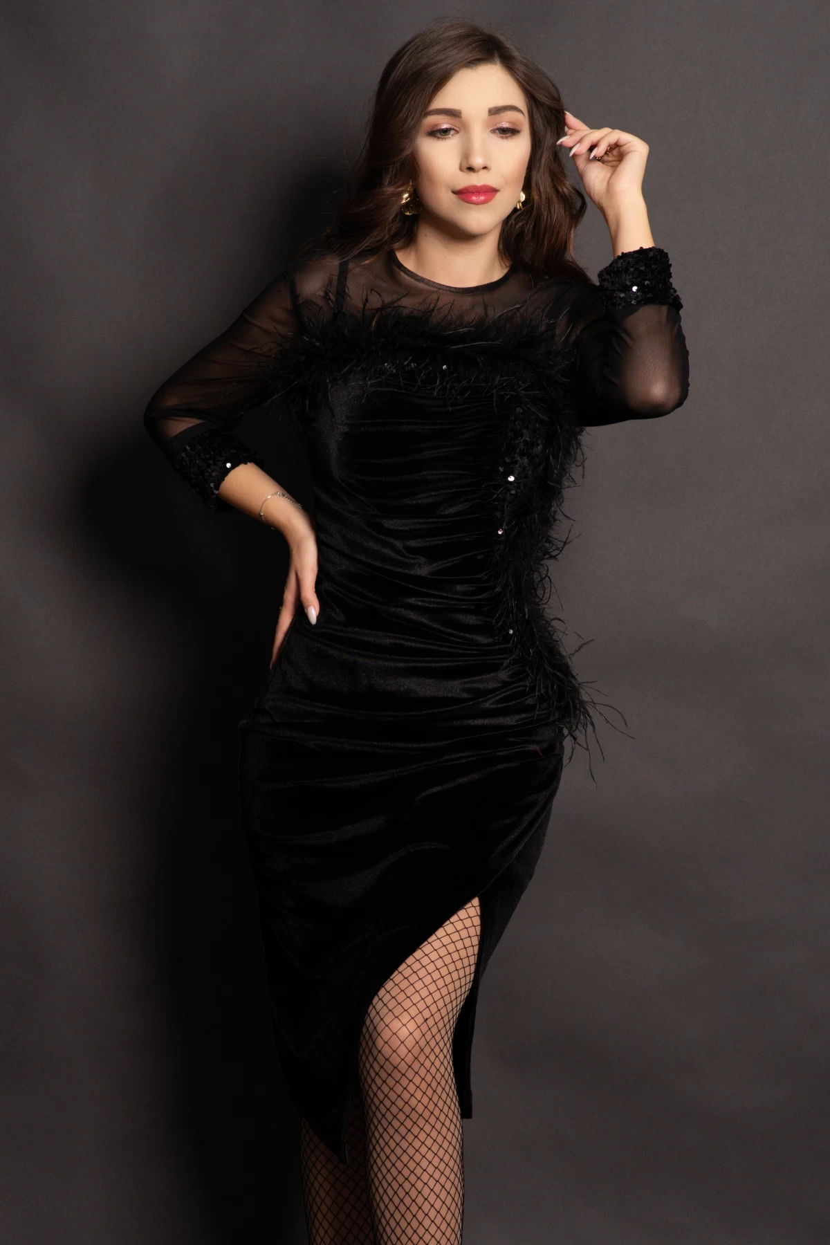 Rochie din catifea neagra Noelia cu paiete si fulgi - poza 1