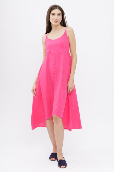 Rochie din in, cu bretele reglabile si elastic la spate, fucsia