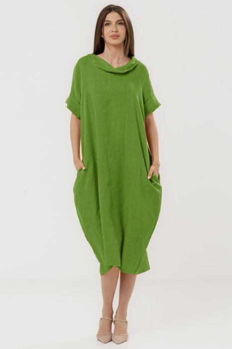 Rochie din in cu croiala oversized si guler lejer, verde deschis