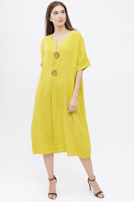 Rochie din in, cu doi nasturi decorativi pe piept, galbena