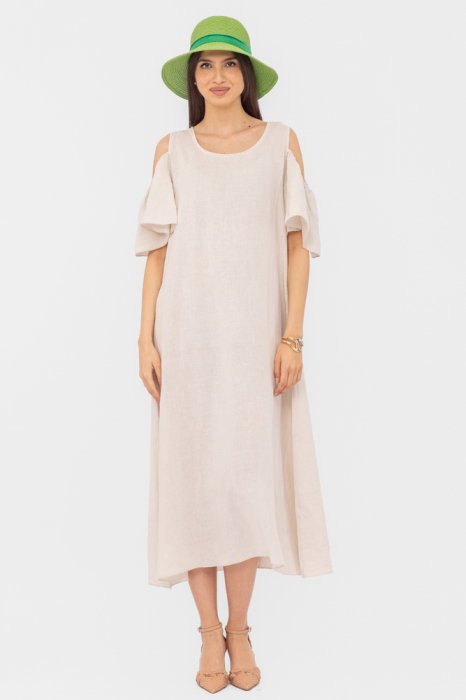 Rochie din in cu umerii goi, lunga, A-line, bej