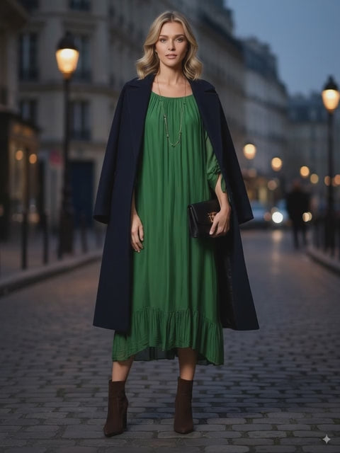 Rochie din mătase cu legături la mâneci verde - Unica S-L