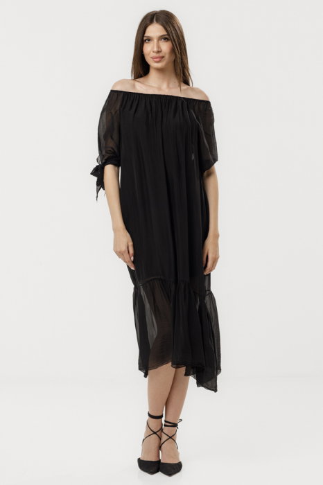 Rochie din matase si vascoza cu detalii feminine si croiala lejera, neagra