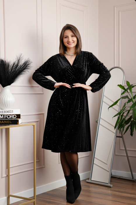 Rochie eleganta din catifea Alexa cu sclipici si croi petrecut - Negru