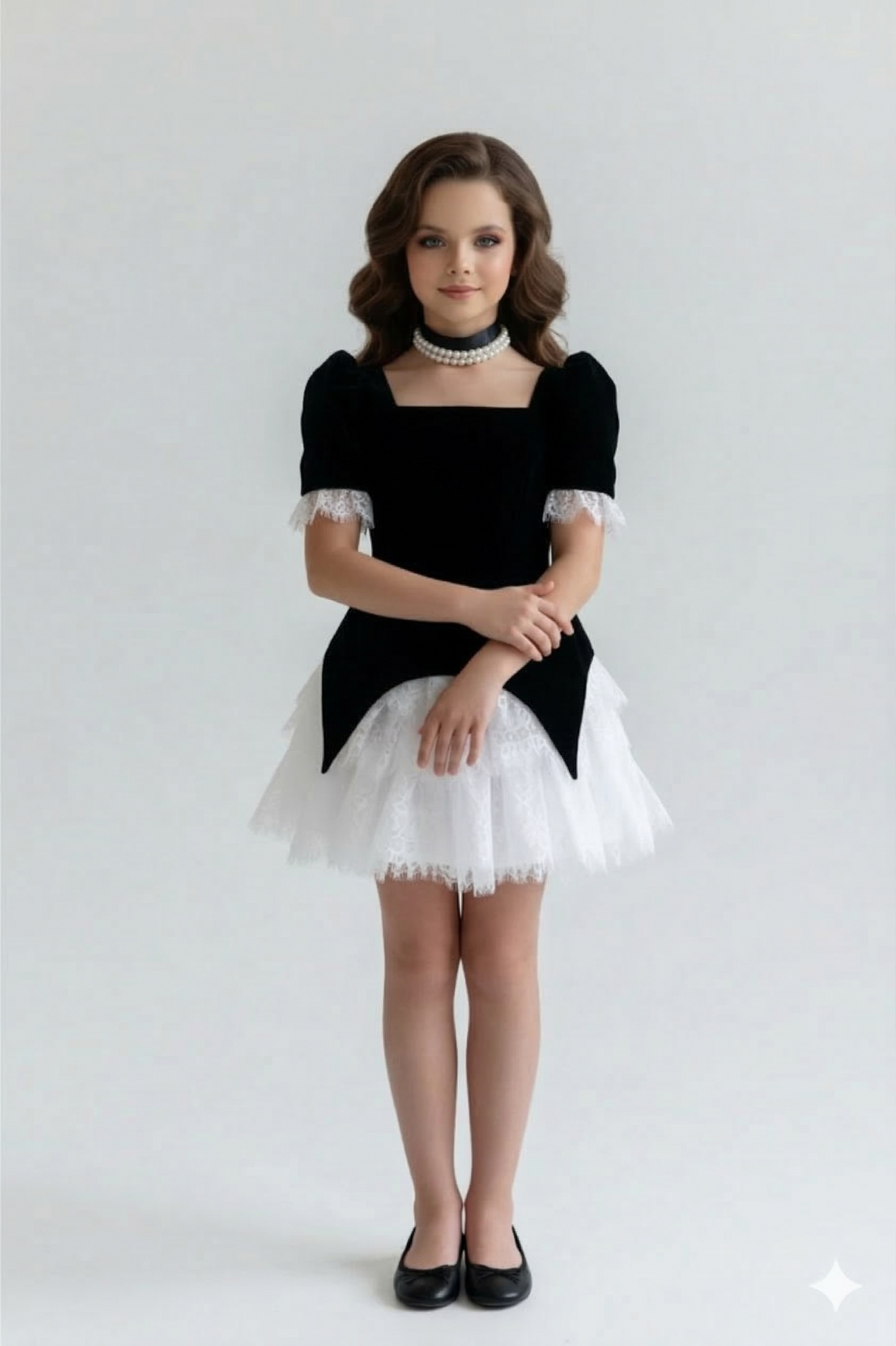 Rochie eleganta din catifea neagra si dantela chantilly pentru fete - Elia
