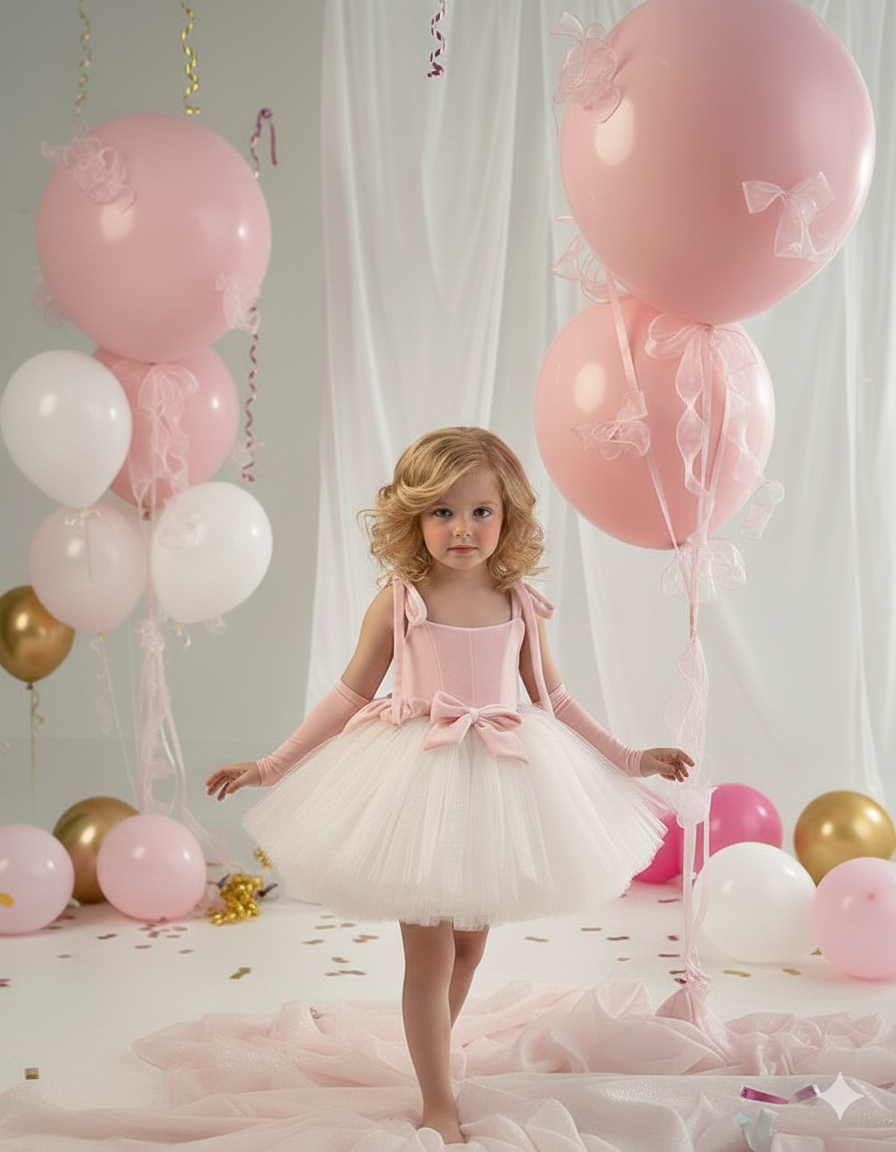 Rochie eleganta din catifea roz si tulle alb pentru fete - Mia