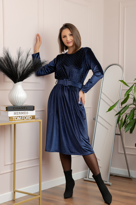 Rochie eleganta Kate din catifea bleumarin cu strasuri si centura in talie