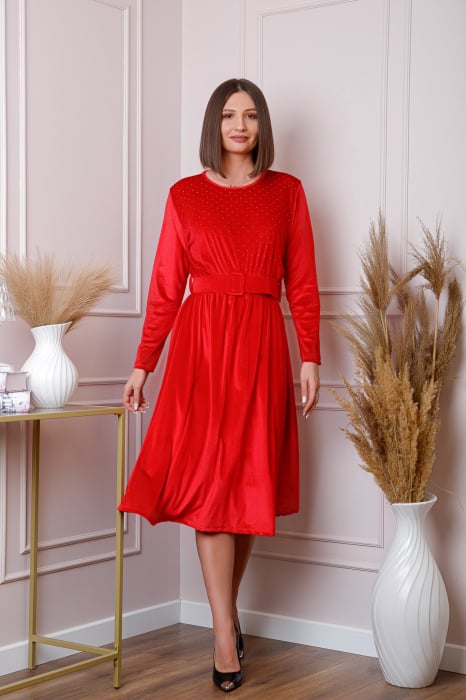 Rochie eleganta Kate din catifea rosie cu strasuri si centura in talie