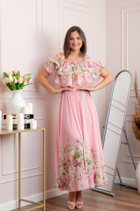 Rochie eleganta lunga Ayana cu imprimeri florale si volane ample - Roz pastel
