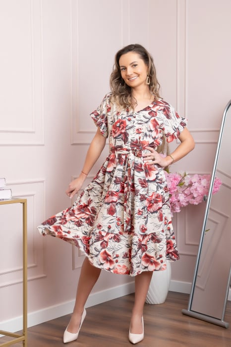 Rochie eleganta Maribel cu volanase si cordon in talie - Rosu