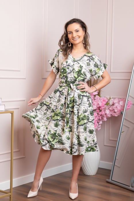 Rochie eleganta Maribel cu volanase si cordon in talie - Verde