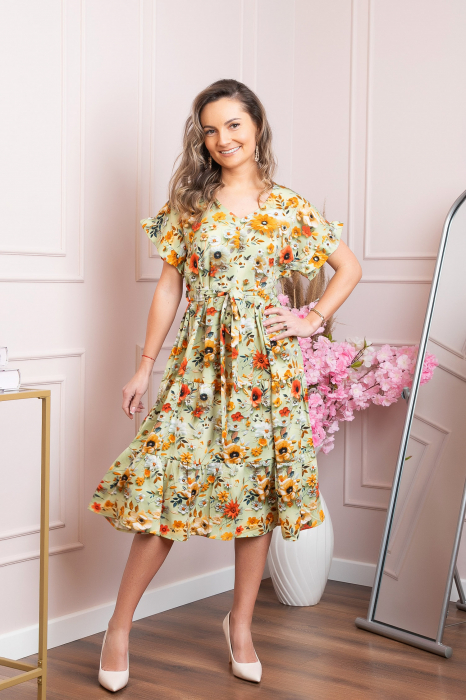 Rochie eleganta Maribel cu volanase si cordon in talie - Verde pastel