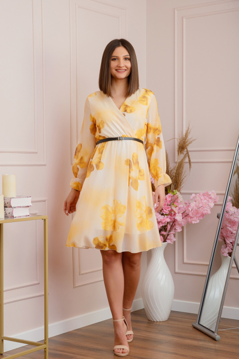 Rochie eleganta Melody din voal cu imprimeu floral galben si bust petrecut
