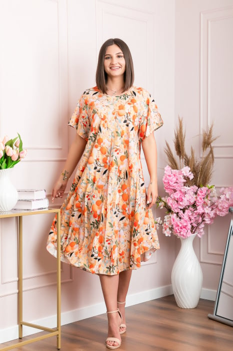 Rochie eleganta Mirabelle cu imprimeu floral - Orange cu crem