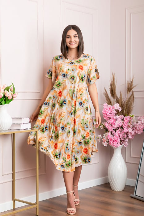 Rochie eleganta Mirabelle cu imprimeu floral - Orange cu verde