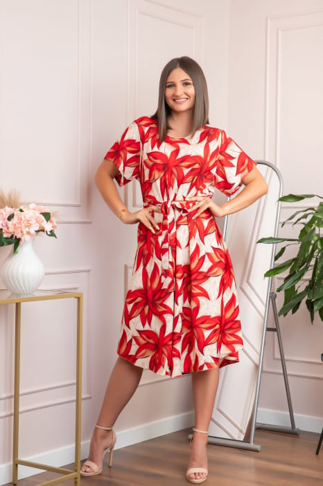 Rochie eleganta Olive cu imprimeu exotic rosu