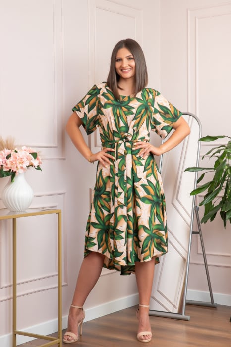 Rochie eleganta Olive cu imprimeu exotic verde