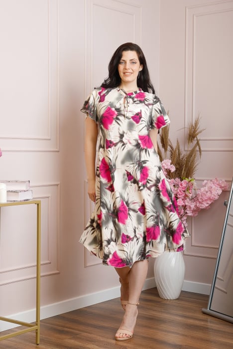Rochie eleganta Penelope cu baza asimetrica si imprimeu floral - Fuchsia