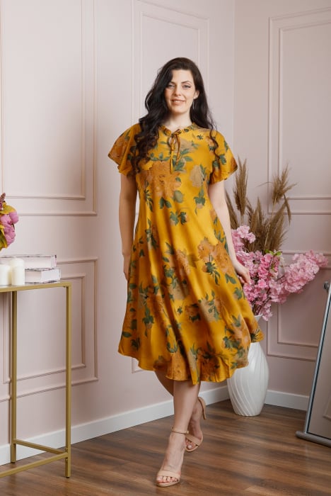 Rochie eleganta Penelope cu baza asimetrica si imprimeu floral - Galben mustar