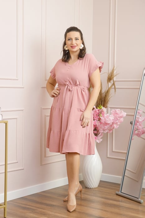 Rochie eleganta Rosalie cu volane si cordon in talie - Roz pastel