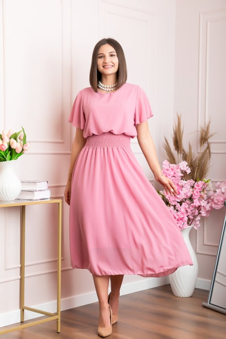 Rochie eleganta roz pudrat Francesca cu talie incretita