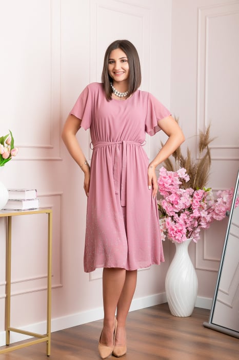 Rochie eleganta roz pudrat Seraphine cu strasuri argintii