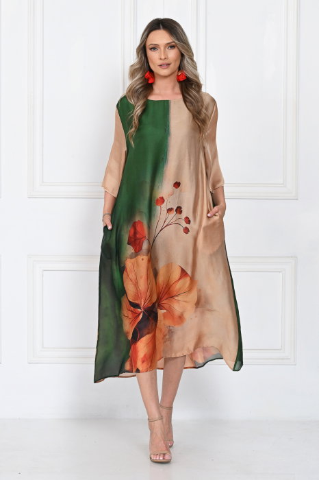 Rochie eleganta satinata A-line cu imprimeu floral artistic si croi lejer fluid, verde-bej-caramel
