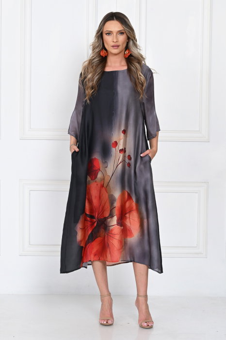 Rochie eleganta satinata A-line cu imprimeu maci rosii si croi lejer fluid, gri-negru