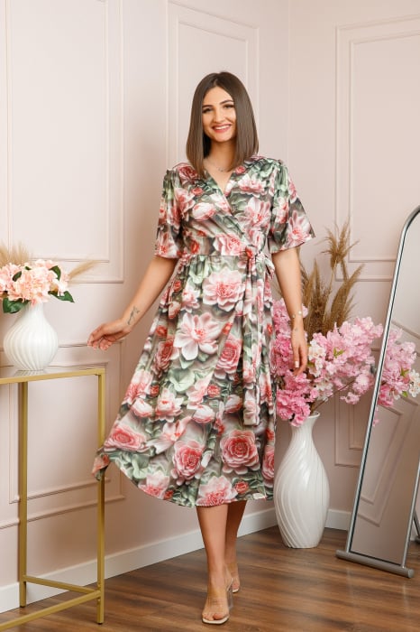 Rochie Emma petrecuta cu cordon in talie - Roz cu verde