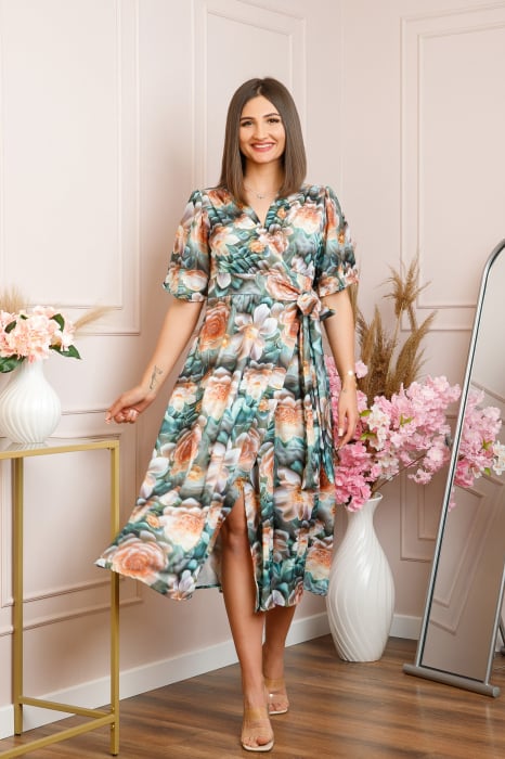 Rochie Emma petrecuta cu cordon in talie - Turcoaz cu orange