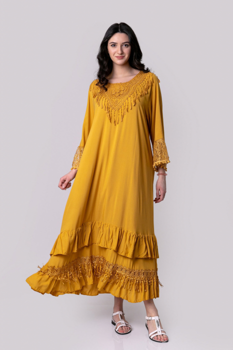 Rochie galben mustar boho chic cu dantela si ciucuri