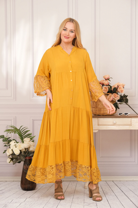 Rochie galbena lunga boho chic cu volane si dantela