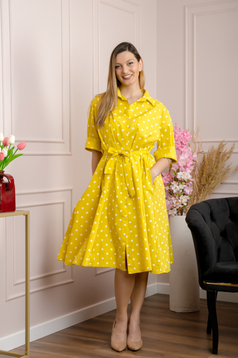 Rochie galbena tip camasa cu buline